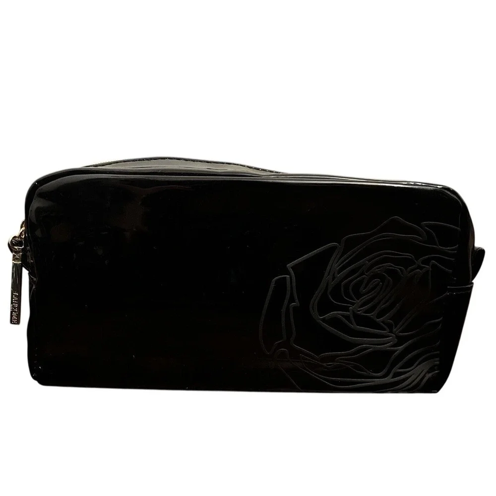 Lancome Black Faux Leather Makeup Bag Rose Design Toiletry Pouch Travel Case Zip